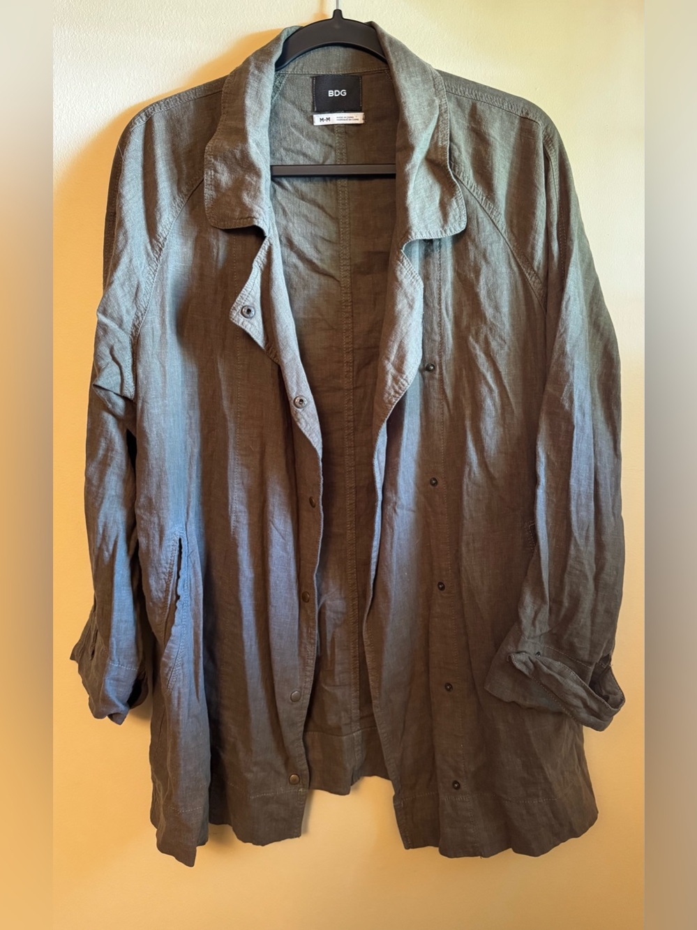 BDG Olive Green Linen-Blend Button Front Shirt Jacket